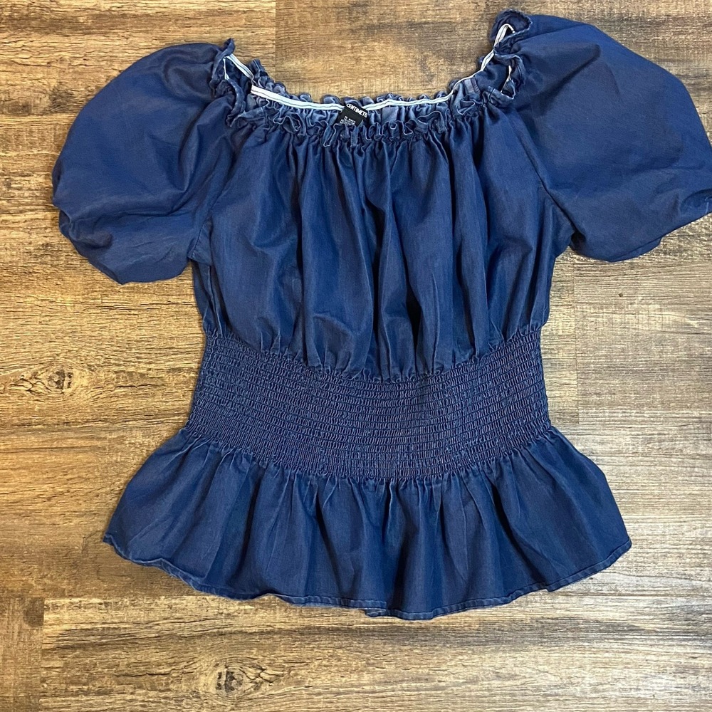 Cottagecore Smocked Waist Puff Sleeves   Top 3X‎ Denim Whimsigoth Prairiecore